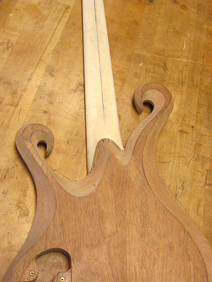 Zebrawood neck heel on a mahogany custom bass