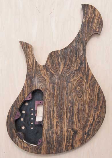 Xylem custom bass with bocote/wenge tops, purpleheart accent