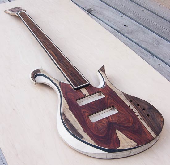 Cocobolo/ebony tops on a custom bass guitar
