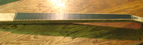 Slotted ebony fretboard framed by the bocote stringers