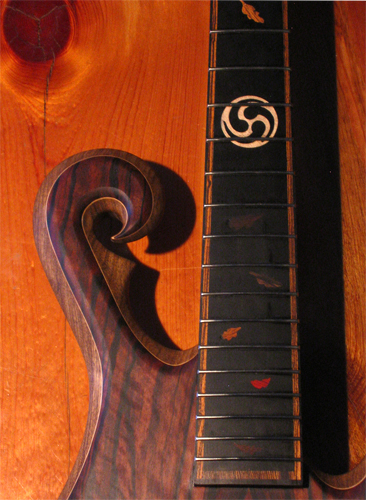 Front of the bass guitar's scroll with flame figure in the macassar ebony
