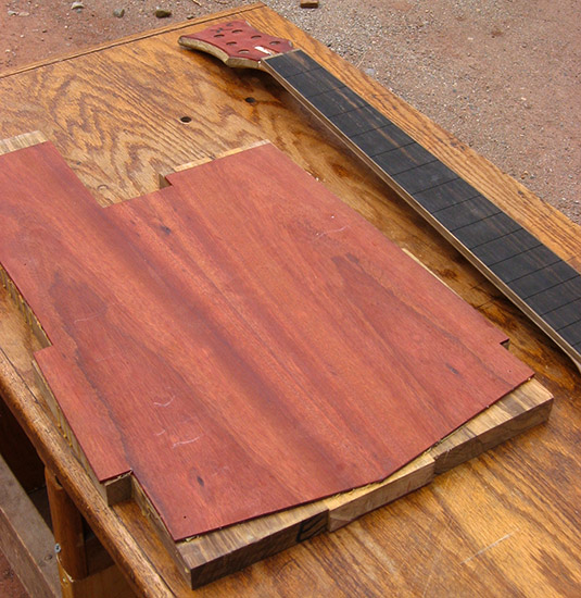 Custom bass body with bloodwood top, neck with ebony fretboard