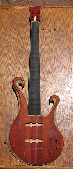 Dual scrolls in a 6 string bass with black limba and bloodwood body