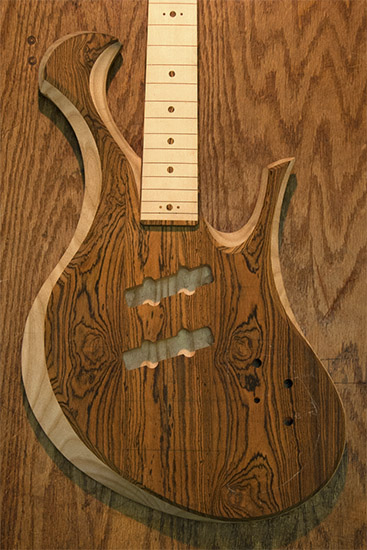 Short scale bocote bass with unique shape and scroll