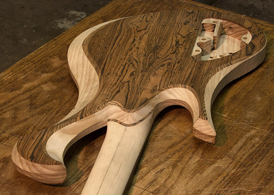 Ash and bocote custom bass with exotic scroll