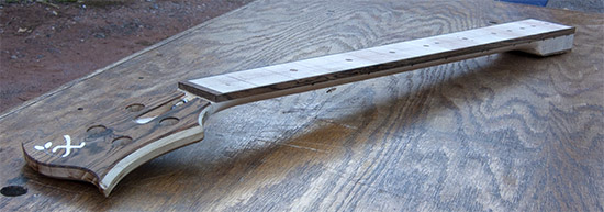 Custom bass guitar neck with ebony dot markers