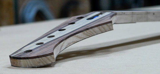 6-string bass headstock with inline tuners, rosewood veneer