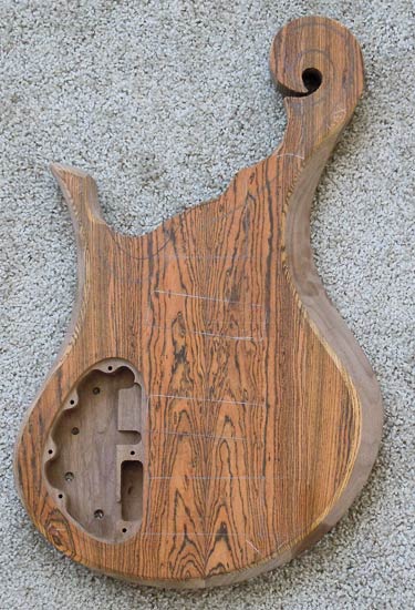 Bocote and walnut bass body after bevels were carved