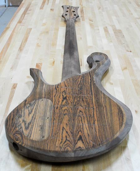 Walnut and bocote custom bass guitar build, back