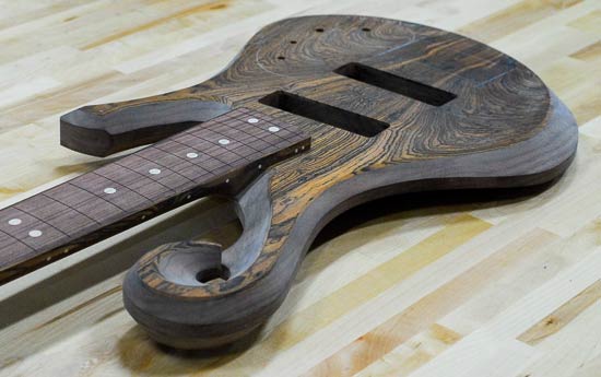Custom bass build with pau ferro fretboard, bocote topwood
