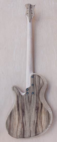Bolt-on custom bass with single-cutaway body style, back
