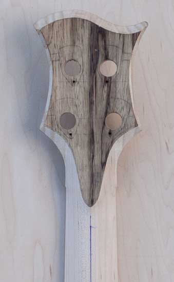 Black limba veneer on a custom bass headstock