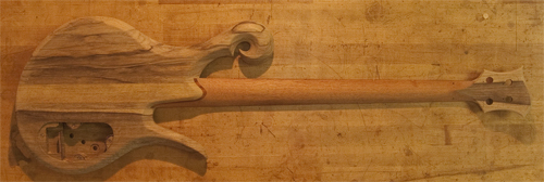 Back of a Xylem 4 string bass with a black limba body