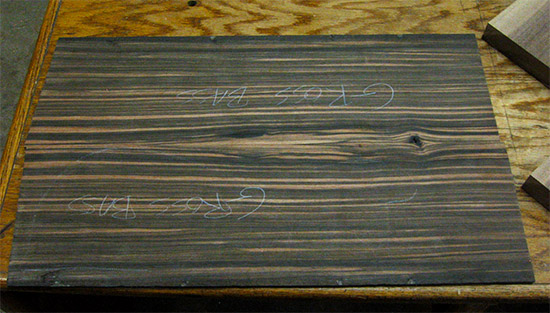 Book-matched macassar ebony top for a custom bass