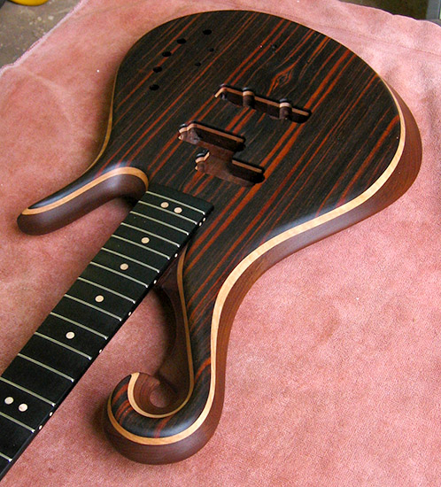 Custom bass with P/J pickups, macassar ebony top