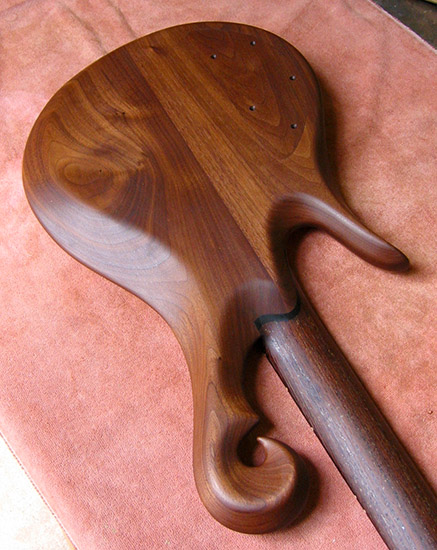 Black walnut custom bass with exotic scroll, panga panga neck