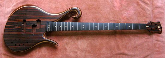 Custom bass made of macassar ebony, maple, ebony and black walnut