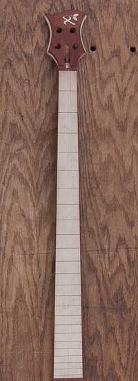 Custom bass neck with maple, bloodwood and goncalo alves woods