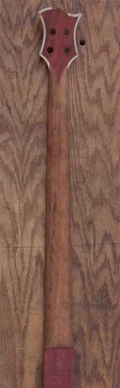 Custom bass neck made of maple, bloodwood and tigerwood
