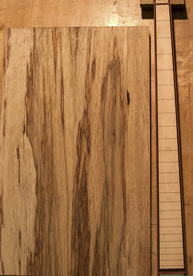 Custom bass neck with ebony stringers, next to a black limba body