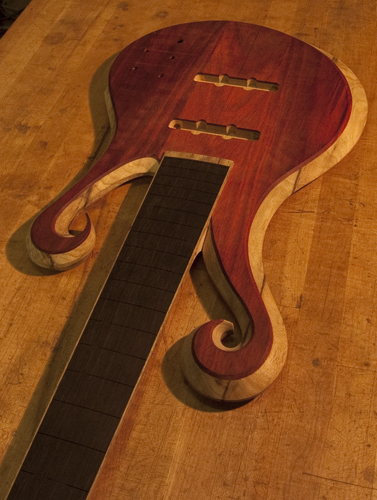 Ebony fretboard and double scrolls of a 6 string bass