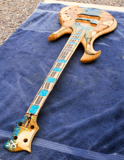 Flamed swamp ash bass guitar build w/ green block inlays