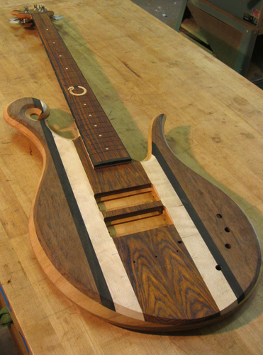 Custom bass with cocobolo fretboard and striped top wood