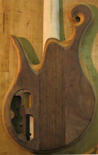 Back of a custom bass body with mahogany core and black walnut top wood