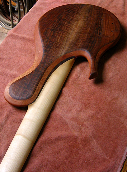 Fretless single-cut bass with claro walnut topwood, back