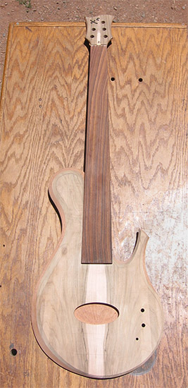 Custom 5 string bass with spalted maple top, pau ferro fingerboard