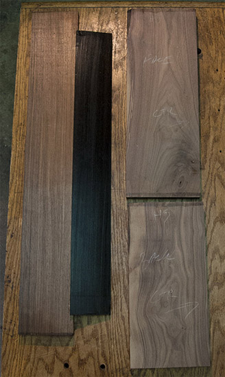 Ebony fingerboard blank and walnut body blanks for a custom bass