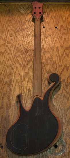 Custom bass with ball scroll, bloodwood and ebony tops, back