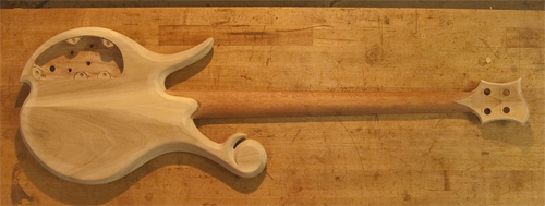 Full back of a Xylem custom bass with poplar body and mahogany neck