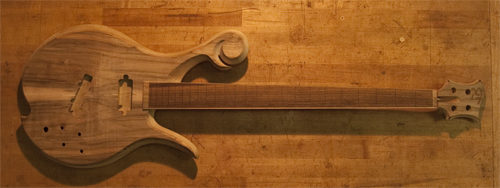 33" custom bass with spalted maple top and bocote fretboard