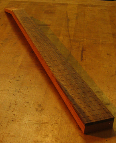 Bocote fretboard on a mahogany bass neck