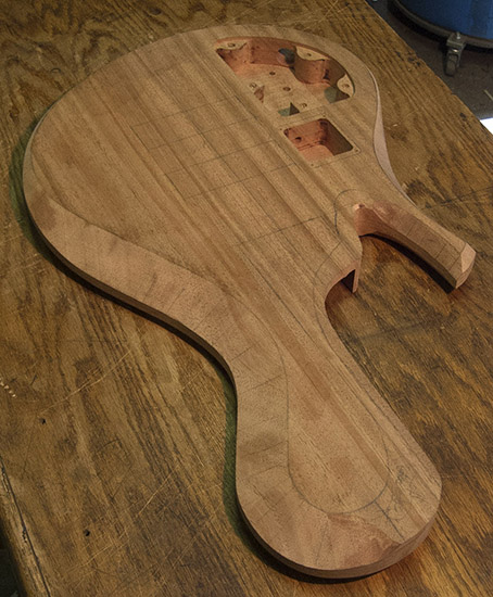 5 string single-cut bass with mahogany body, back