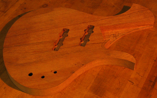 Lower horn of a Xylem single-cut bass guitar
