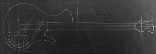 Full-scale drawing of a Xylem single cutaway bass guitar