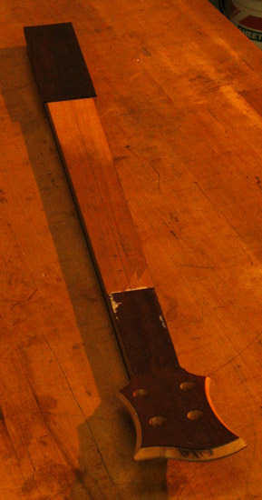 Bois de Rose veneer and neck shim on the back of a bass neck