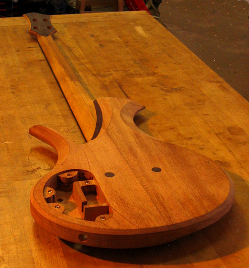 Neck joint and control cavity on a mahogany bass