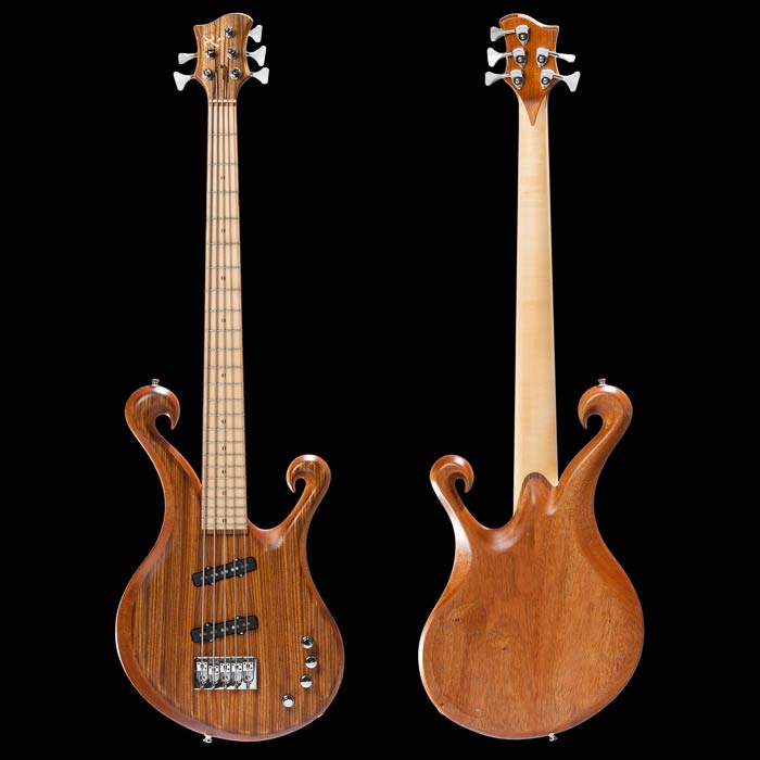 5 string custom bass with maple fretboard, zebrawood top