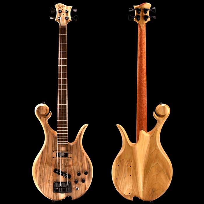 Xylem custom bass with spalted maple top, Rickenbacker neck pickup and Jazz bridge pickup