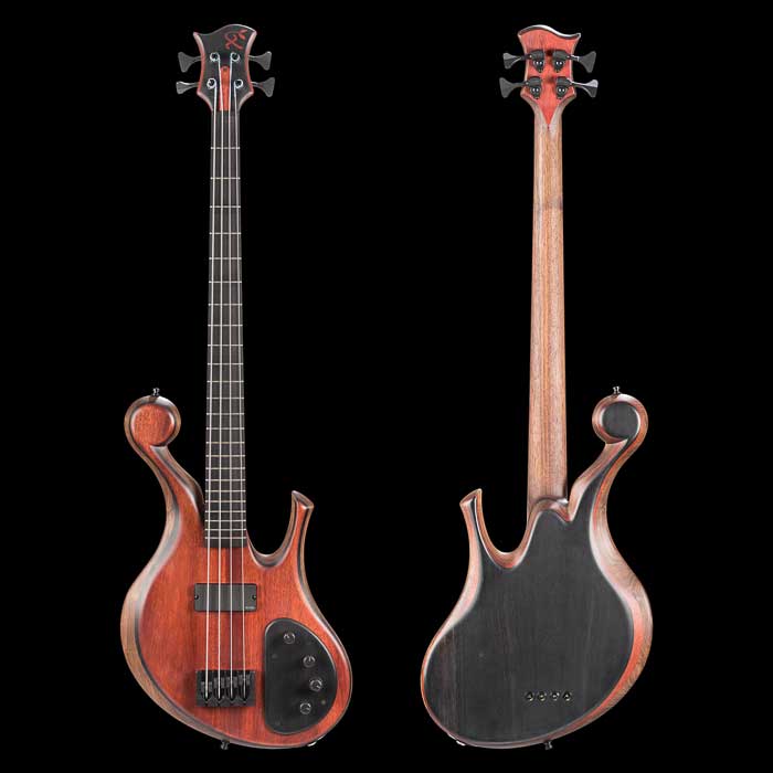 Bloodwood and ebony custom bass with EMG pickups