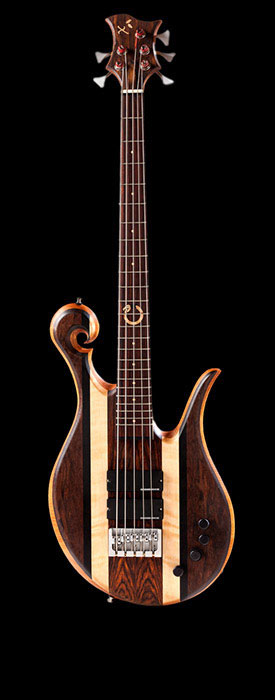 Short scale 5 string custom bass with Uroboros inlay