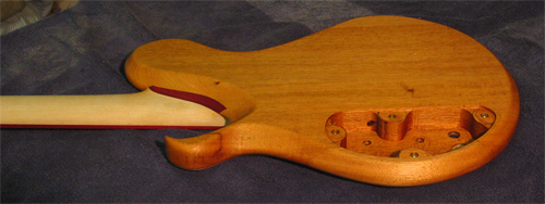 Xylem custom guitar's mahogany back with blood wood neck shim