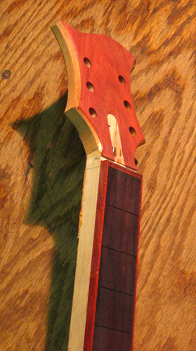 Side of the custom guitar's neck showing bois de rose fretboard, bloodwood binding and mahogany headstock core