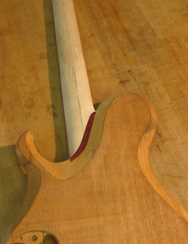 Quartersawn maple neck, bloodwood neck shim and mahogany body of a Xylem custom guitar