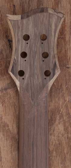 Limba/walnut guitar headstock with maple accent, back