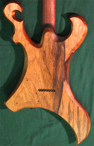 Back of the custom guitar showing Hipshot string ferrules, control cover and locking Neutrik jack