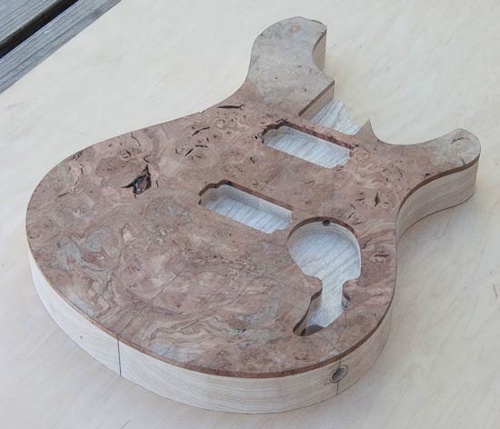Stratocaster-style custom guitar with maple burl top